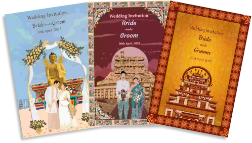 A e-invite where the bride and groom are looking towards the golden temple with flowering and lights background