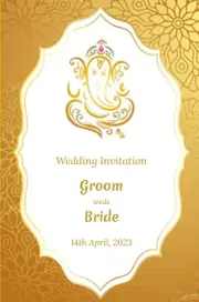 Digital Hindu wedding card with a golden and white background, featuring an illustration of Lord Ganesha