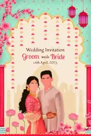 Online marriage invitation with a beautiful couple illustration and a pink and green background