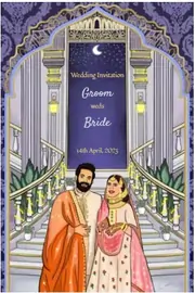 Designer Nikah invite with an illustration of a couple wearing traditional dresses, standing in a royal fort together