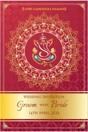 Designer Hindu e-invite with a red and golden theme, featuring Lord Ganesha in the background
