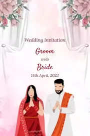 Digital wedding invite with a standing couple on a pink and white background