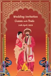Designer Marathi e-invite with a standing couple illustration and elephants in the corners