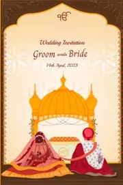 Beautiful Sikh wedding invite with a Sikh couple sitting in a gurdwara