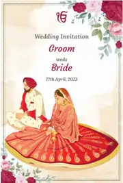 Designer Sikh e-invite with an illustration of a Sikh couple sitting together and floral decorations in the corners