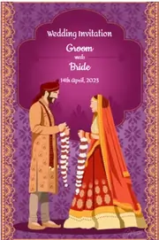 Digital e-invite with a purple designer background and an illustration of a couple holding varmala in front of each other
