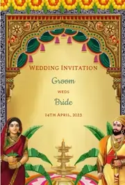 Designer Marathi wedding invite with an illustration of a Marathi couple and a beautiful designer arch