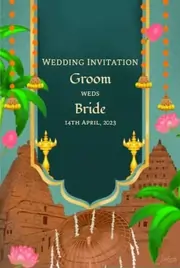 South Indian e-invite with illustrations of South Indian temples in the background