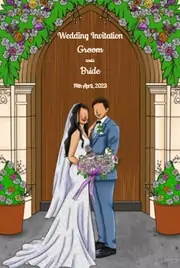 Christian e-invite with a couple in wedding dresses standing in front of a church gate
