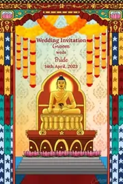 Digital e-card with a red and golden theme, featuring Lord Buddha and floral decorations