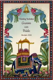 Digital marriage invitation with an elephant ready for the baraat, set in a forest
