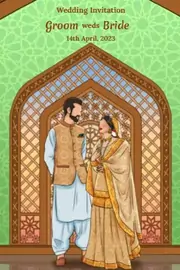 Designer Muslim invitation card with an illustration of a beautiful couple in traditional dresses, in front of a wooden window