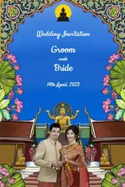 E-invite featuring an illustration of a couple in traditional dress standing together in a temple dedicated to Lord Buddha