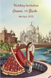 Wedding card with a unique design, featuring a couple in traditional wedding attire dancing in front of the Taj Mahal